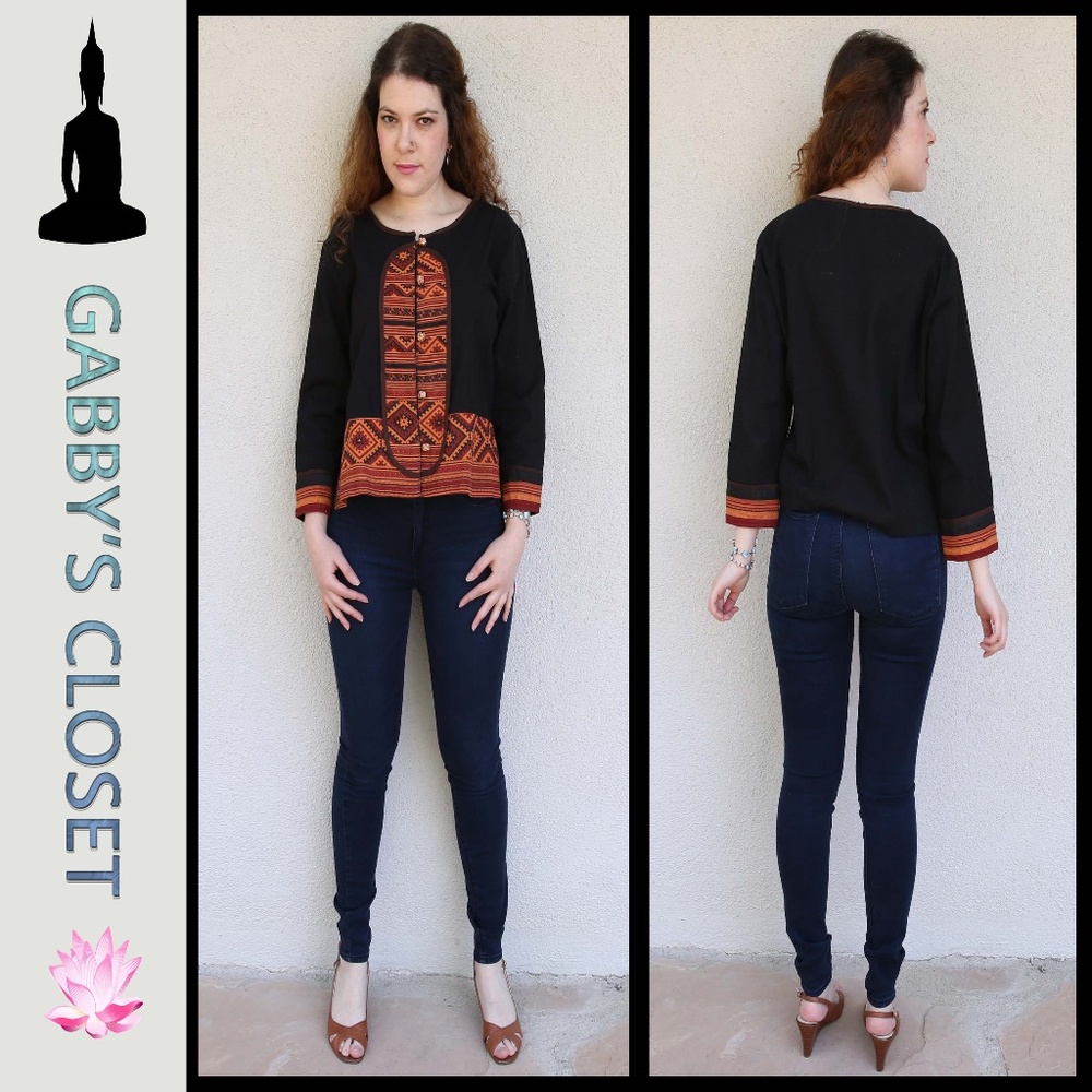 Authentic Burmese Ethnic Black Top Blouse Tribal